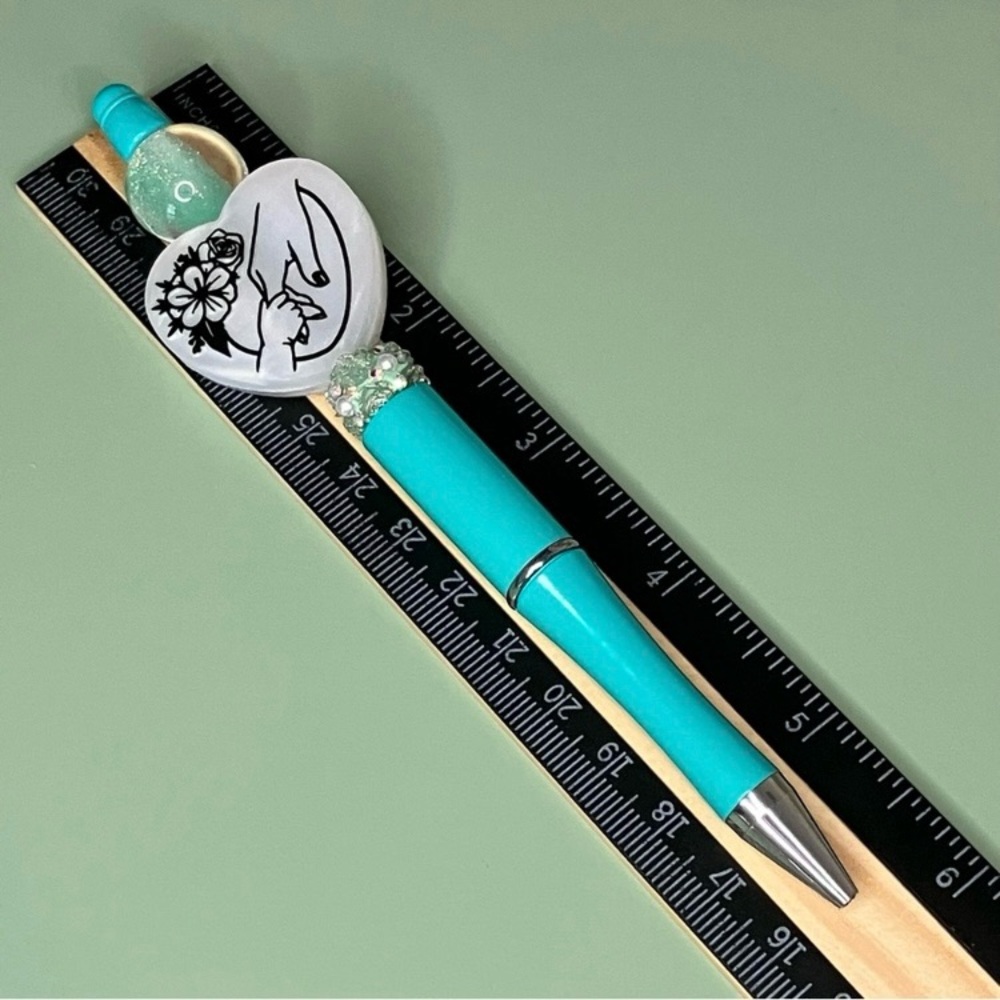 Teal and White Decorative Baby Holding Mother’s Hand Handmade Beaded Pen - Picture 5 of 5